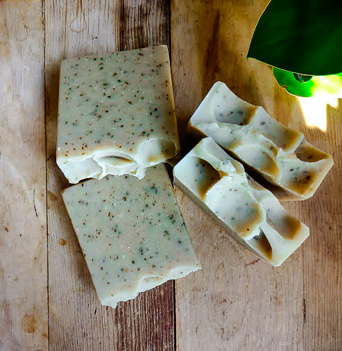 goat milk soap with green clay, peppermint patchouli and cedarwood essential oils