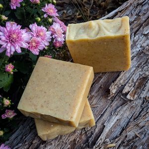 Prairie Rose Farmstead ranch hand goat milk soap sitting on a cedar log beside a mum